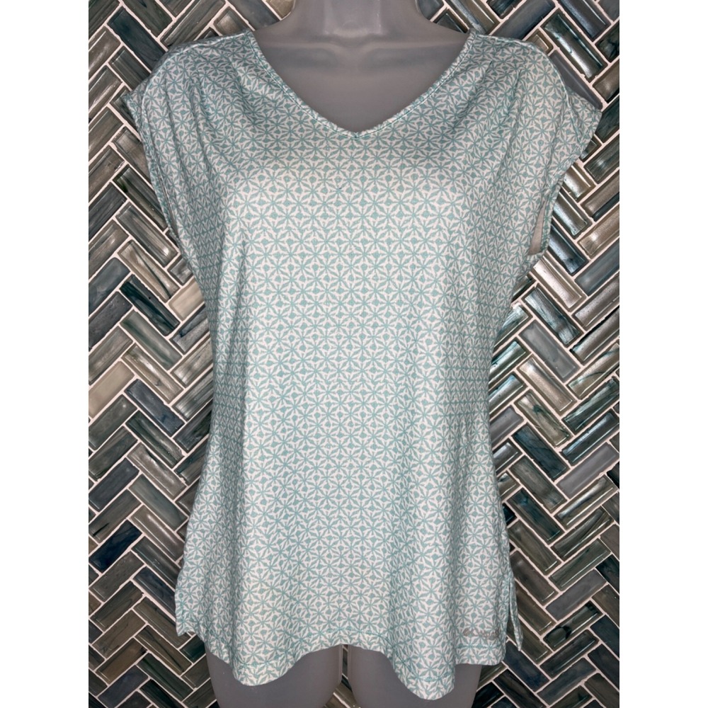 WOMENS COLUMBIA PFG BLUE WHITE GEO PRINT V-NECK STRETCH CAP SLEEVE TANK TOP XS